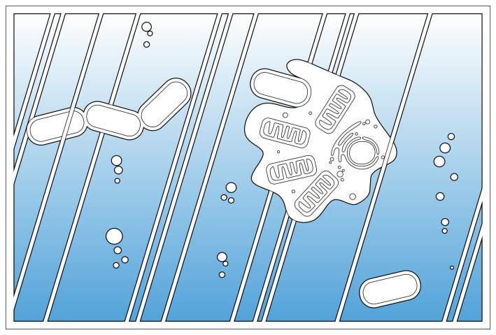 Graphic illustration of primitive life in the primordial soup, showing one cell absorbing another.