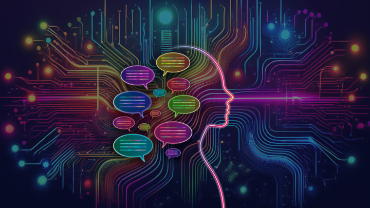 A human outline in neon pink sits on a background of wire patterns in bright neon colors. Code in speech bubbles emerges from the back of the outline