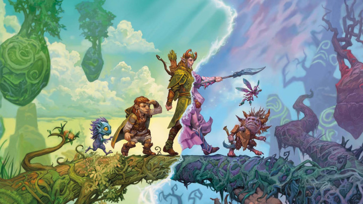 Drawing of four fantasy creatures crossing from bright world of Lorwyn into the darkness of Shadowmoor.