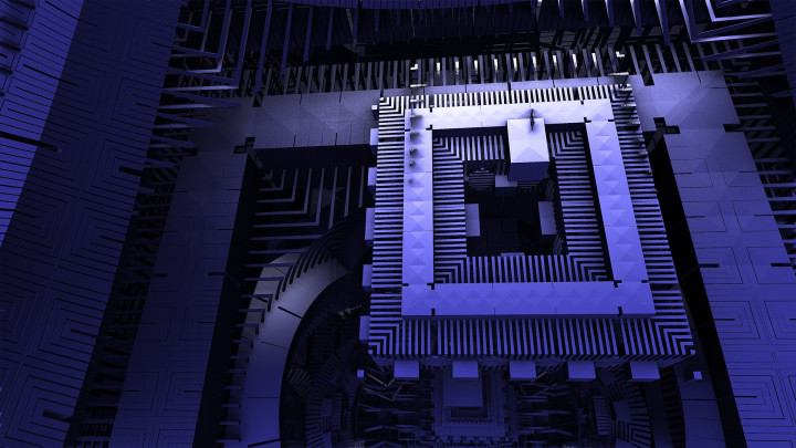 An abstract computer chip depicted in blues and whites.