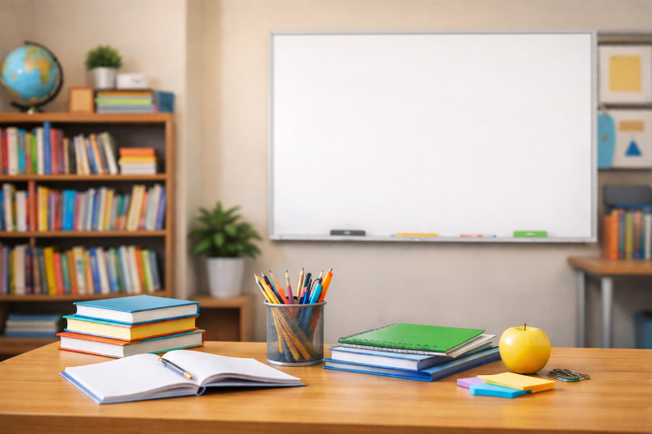 this image shows a classroom with a bookcase and a globe, a whiteboard, and a teacher's desk with books on it and of course an apple