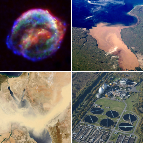 Four images showing sediment mixing in action. Top left shows a composite image of the colorful Kepler's nebula, top right is a satellite photo of the R&iacute;o de la Plata estuary, bottom left is a satellite photo of the Red Sea with a visible dust plume, bottom right is a photo of a wastewater treatment plant in a lush setting.