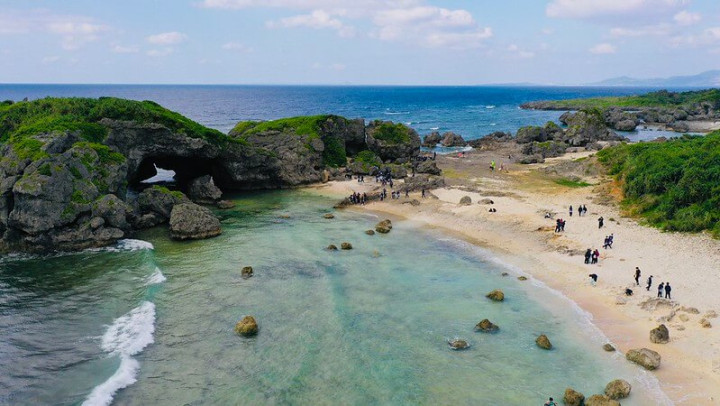 A beach surrounded by greenery
