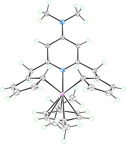 An X-ray structure of the double ring-slipped metallocene derivative. A pink ruthenium atom sits in the center of the complex, bonded to carbons, shown in white, nitrogen in blue and hydrogen in green outline.