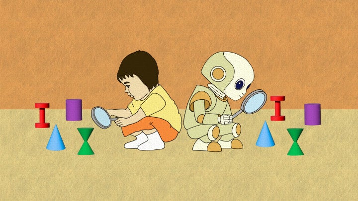 Drawing showing a toddler and a child-like robot back-to-back investigating abstract 3D shapes with magnifying glasses.