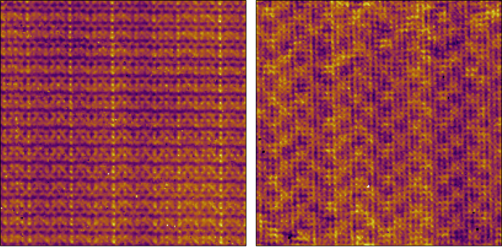 The arrangement of electrons is shown in the material CeTe3 at atomic resolution.