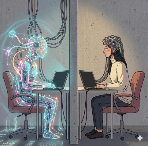 Illustration of a human participant with EEG and an AI partner in adjacent experimental booths for the SPReAD project