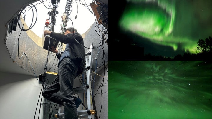 On the left, Kataoka is photographed up a ladder, studying a laptop at the open-air entrance of an observatory next to some scientific equipment, cables and metal rigging. On the right are two different photos of auroras, laid out in luminous green.