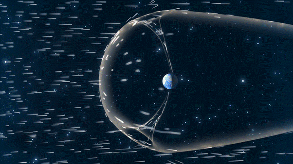 Here we see white streaks of charged particles flying towards the Earth's magnetosphere, changing volume and direction upon impact.
