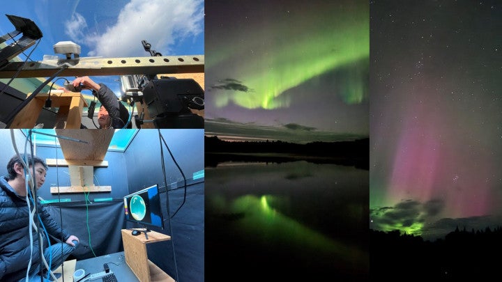 Four photos, two show beautiful auroras, and two showing how Kataoka is capturing his data. In one of these latter two photos, Kataoka is pictured setting up a camera under a bright blue sky on top of a large wooden rig. In the other, Kataoka squats, studying a display screen showing a circular aurora photo, in a temporary lab space set up in the field.
