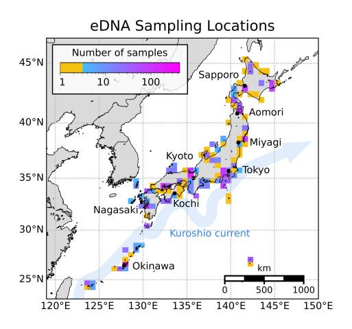Map of Japan showing eDNA sampling locations. The color of the location indicates how many samples were taken.