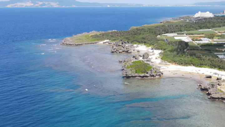 The coastline of Okinawa, fringed by finger-like projections of coral reef. Along the coast, hotels, roads, and farmland show the presence of human activity.