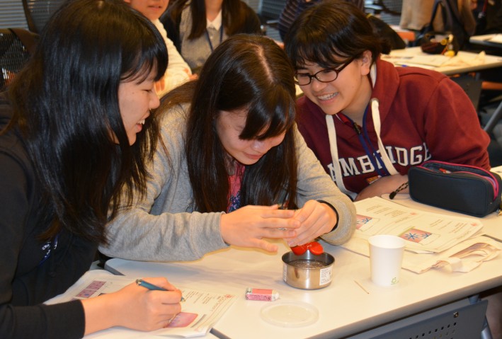 High school students from Okinawa experimenting with surface tension