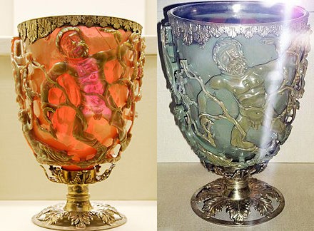 The Lycurgus cup is an example of ancient artisans’ use of nanoparticles in works of art. The gold component is thought to be responsible for the red color when illuminated from behind, and the silver particles are responsible for the green appearance when light is shining on it from the front. 