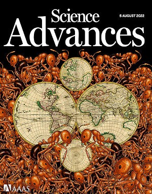 "Science Advances" cover page with a illustration of ants and world map