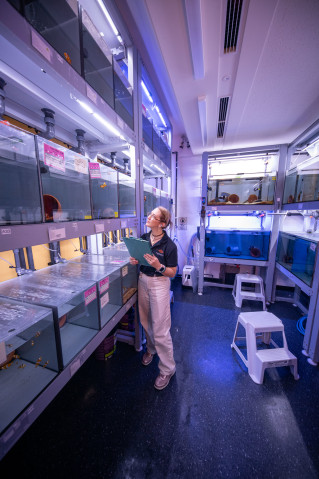 A researcher standing in front of many water tanks