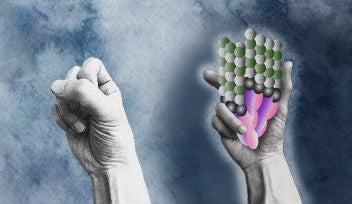 The lefthand side depicts a black and white image of a closed fist, while on the right hand side, the hand is open and holding a complex protein shape. The background is a mottled blue, and is darker on the right.