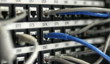 Close-up photograph of LAN cables plugged into a device.