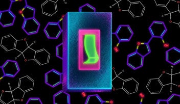 A light switch sits in front of a background composed of two different chemicals, one fluorescent and one not.