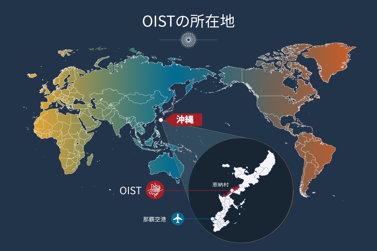 沖縄を示した世界地図と、OISTの所在地を示した沖縄の拡大地図