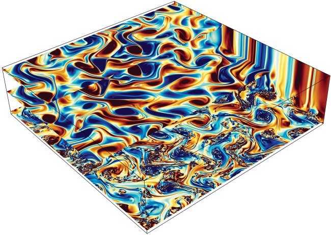 茶色と黄色と青い液体が入ったように見える、直方体の断面図