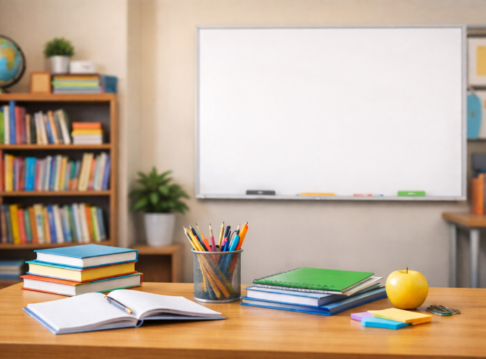 this image shows a classroom with a bookcase and a globe, a whiteboard, and a teacher's desk with books on it and of course an apple